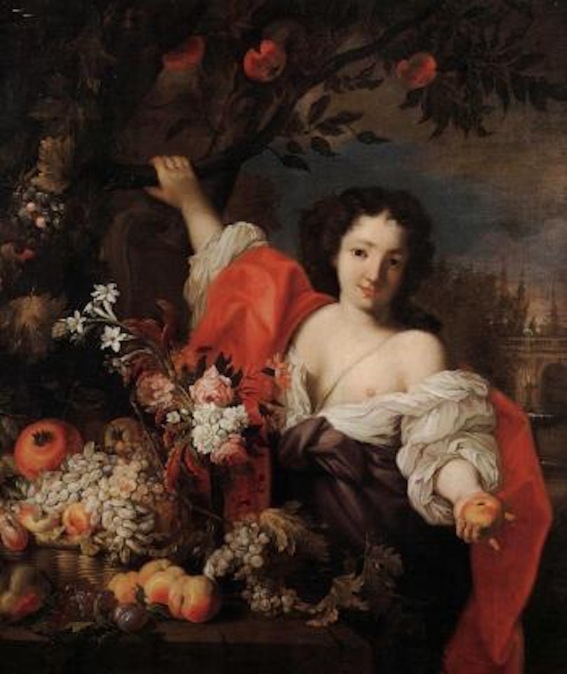 Still life of fruit and flowers with a young maidservant by Abraham Brueghel