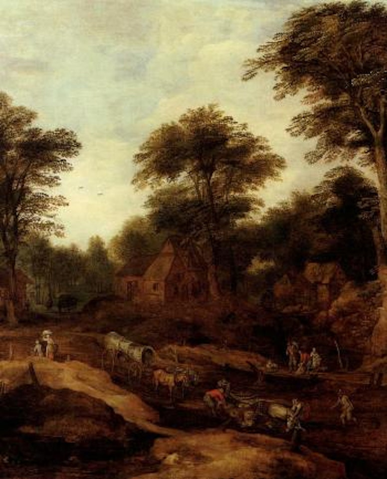 Wooded landscape with overturned wagon before a village by Joos de Momper the Younger