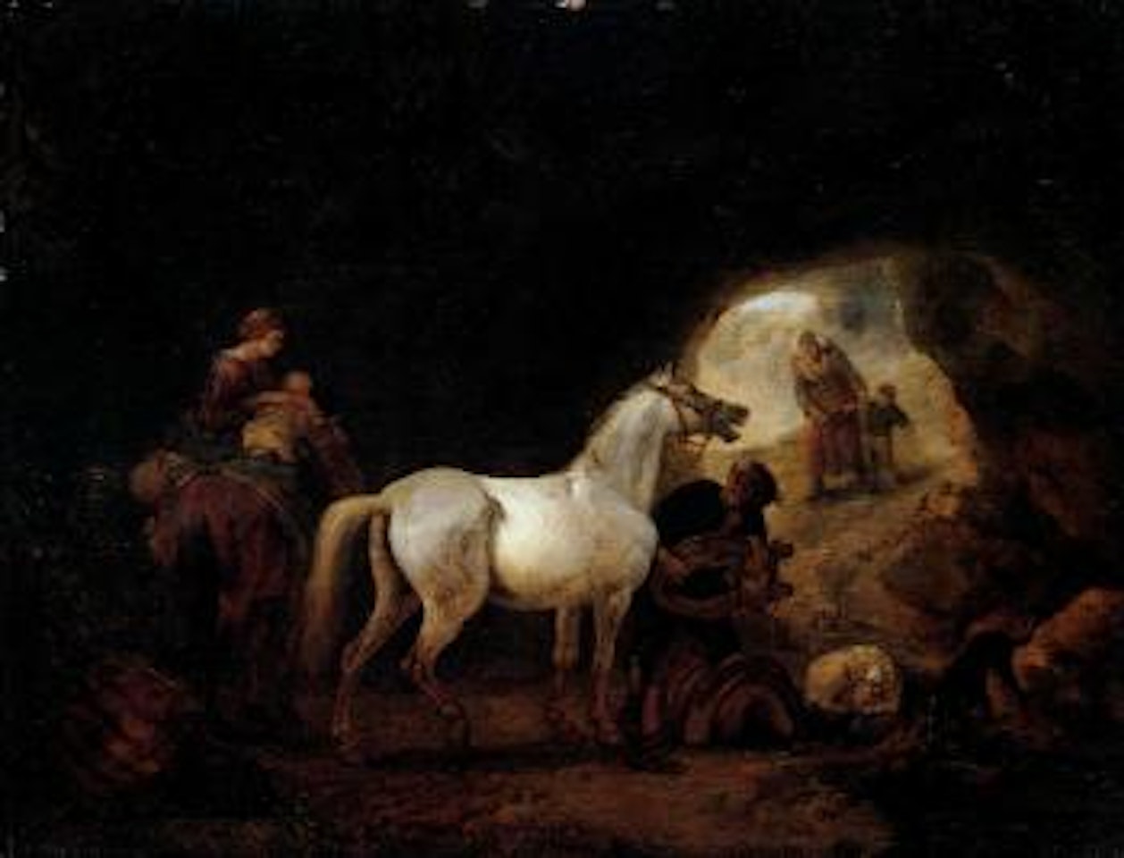 Man saddling a horse in a cave with other figures by Philips Wouwerman