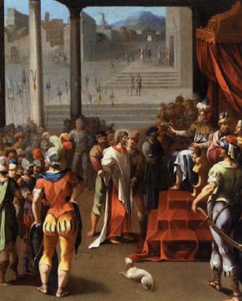 Christ before Caiaphas. Soldiers stripping the robe of Christ by French School