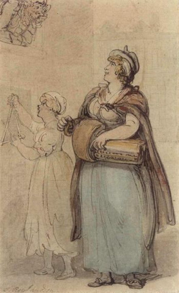 Gentleman admiring female musicians playing at his window by Thomas Rowlandson