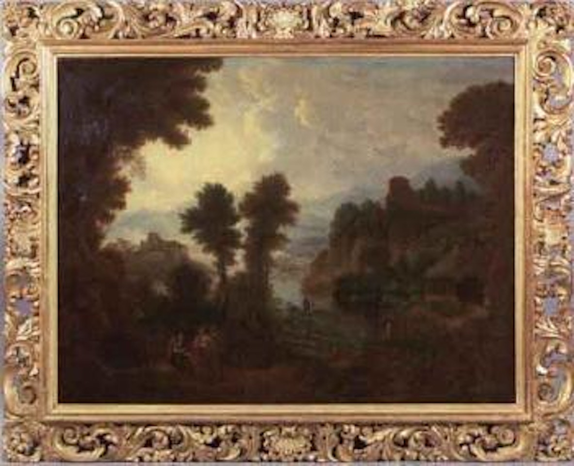 Romantic southern landscape with figures, river, trees and ruins by Italian School