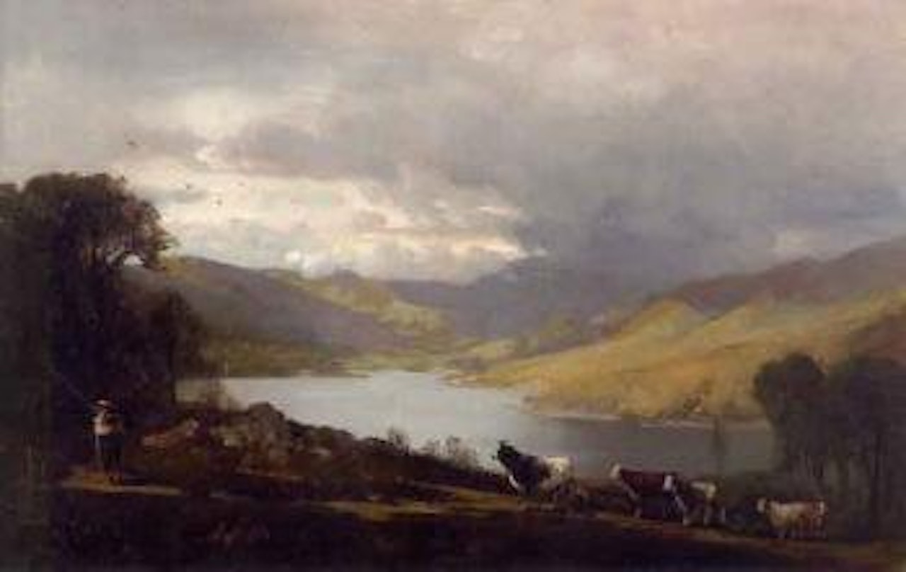 Cows and two boys with a fishing pole on a path, marin by Thomas Hill