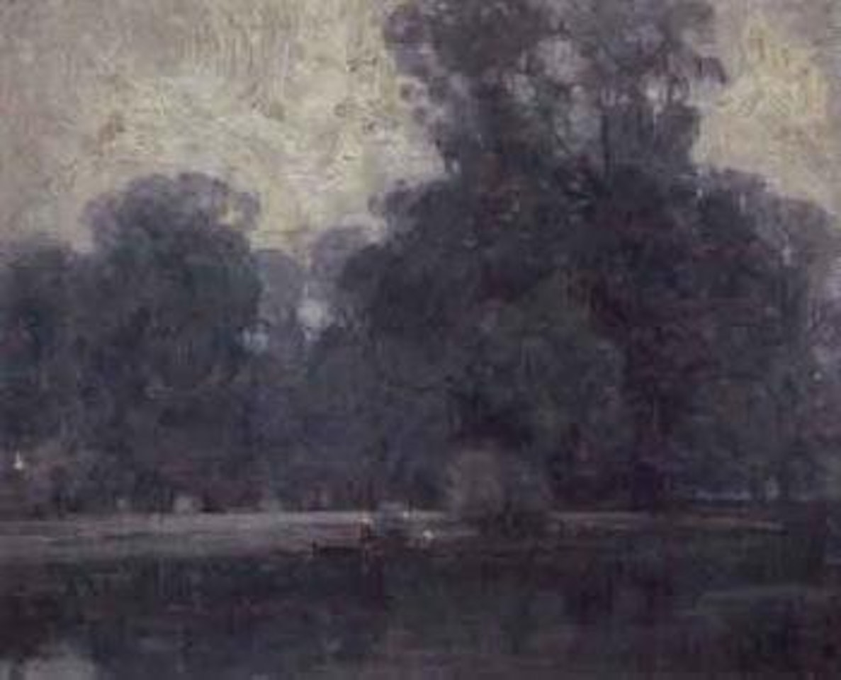Figures in a park, with a lake and rowing boat by Arthur Ernest Streeton