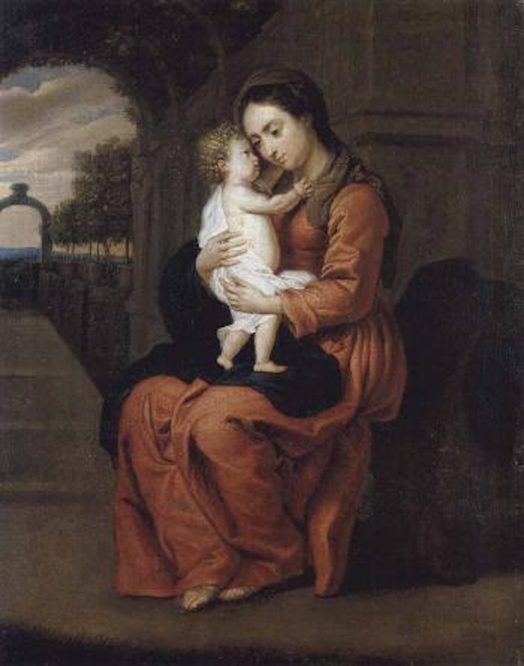 Madonna with child sitting in garden by Erasmus Quellinus II