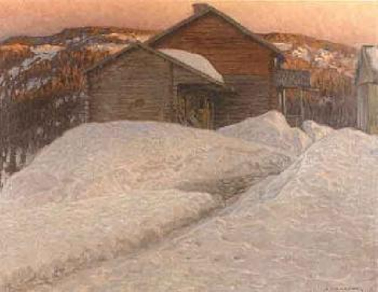 Leksands farm in evening sunshine, winter by Anshelm Schultzberg