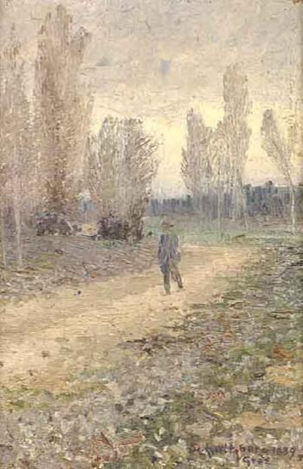 Spring landscape with wanderer by Anshelm Schultzberg