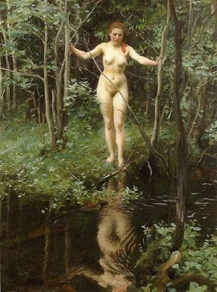 Ingeborg - nude girl by water in forest by Anders Zorn