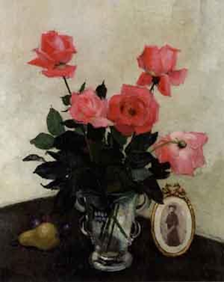 Still life of photograph and pink roses in glass jug by Olle Hjortzberg