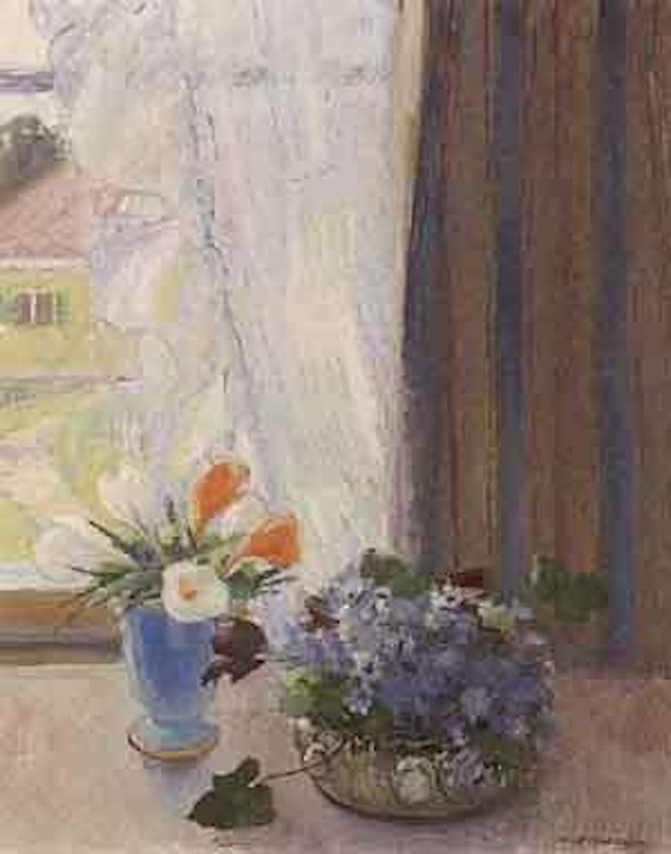 Flowers by window by Olle Hjortzberg