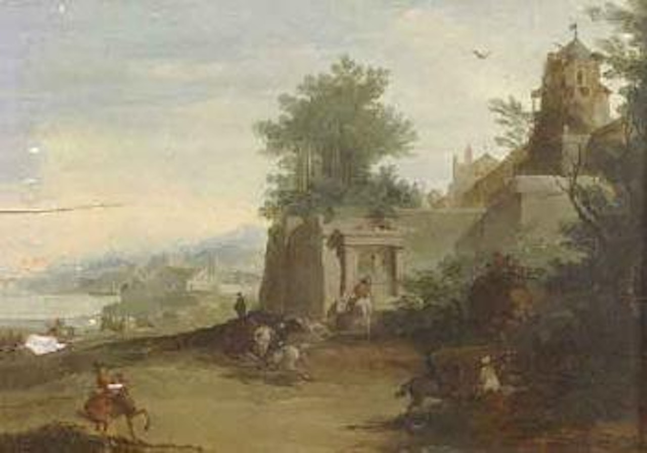Venetian landscape with riders by Giuseppe Bernardino Bison