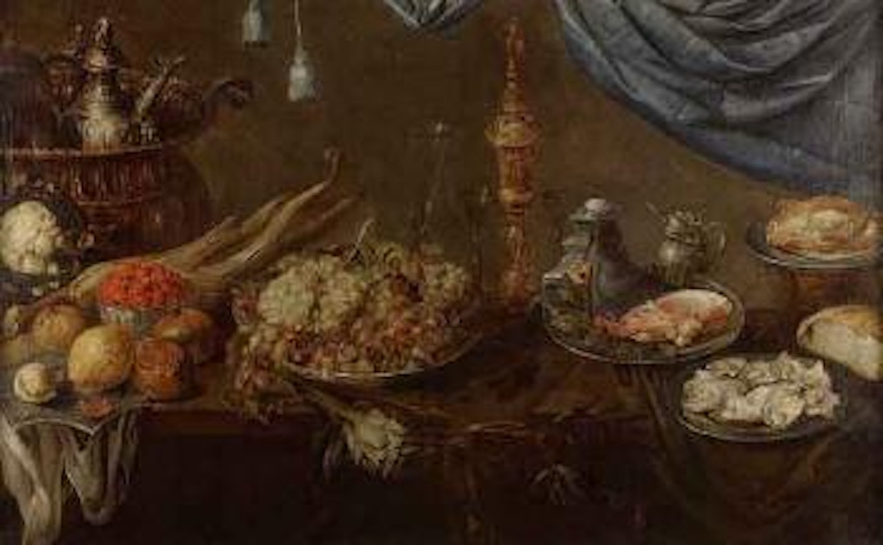 Still life of grapes, strawberries, oysters and pomegranates by Adriaen van Utrecht