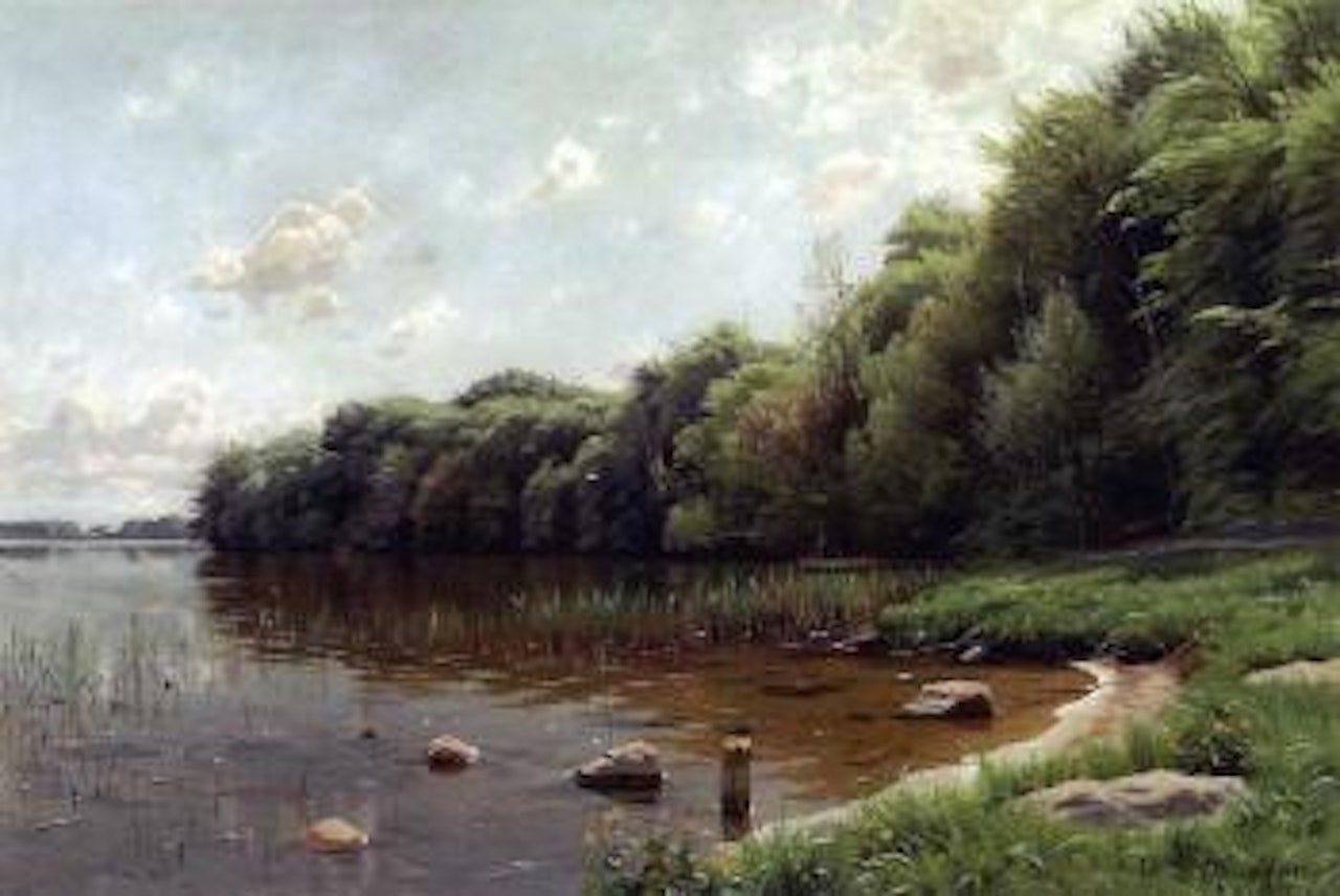 The bay at Hjortnaes, Soro, with man fishing from rowing boat by Peder Mork Monsted