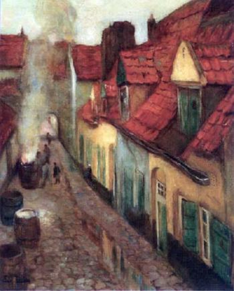 Street scene with figures by Fritz Thaulow