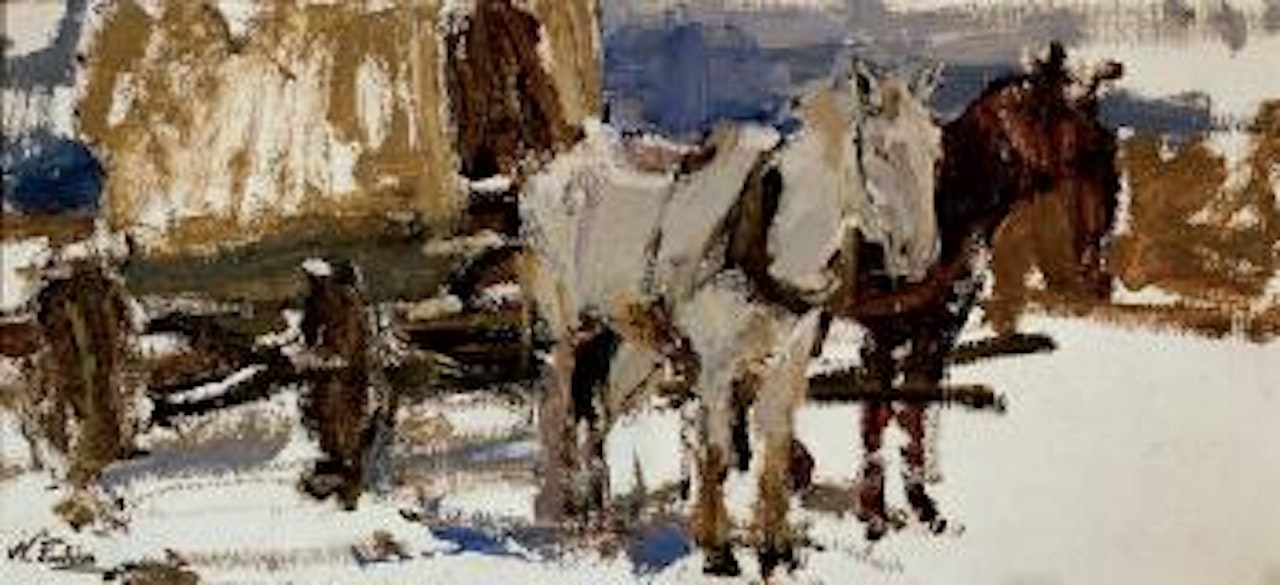 Horses hitched to a wagon by Nicolai Fechin