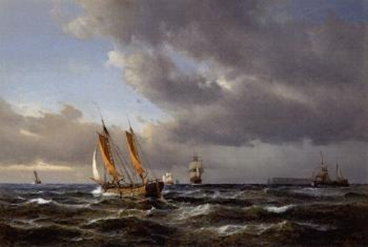 Seascape with sailing vessels and fishing boats off an island by Anton Melbye