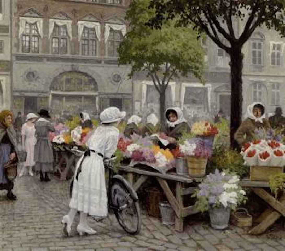 Girl with bicycle buying summer flowers at Hojbro Plads by Paul Fischer
