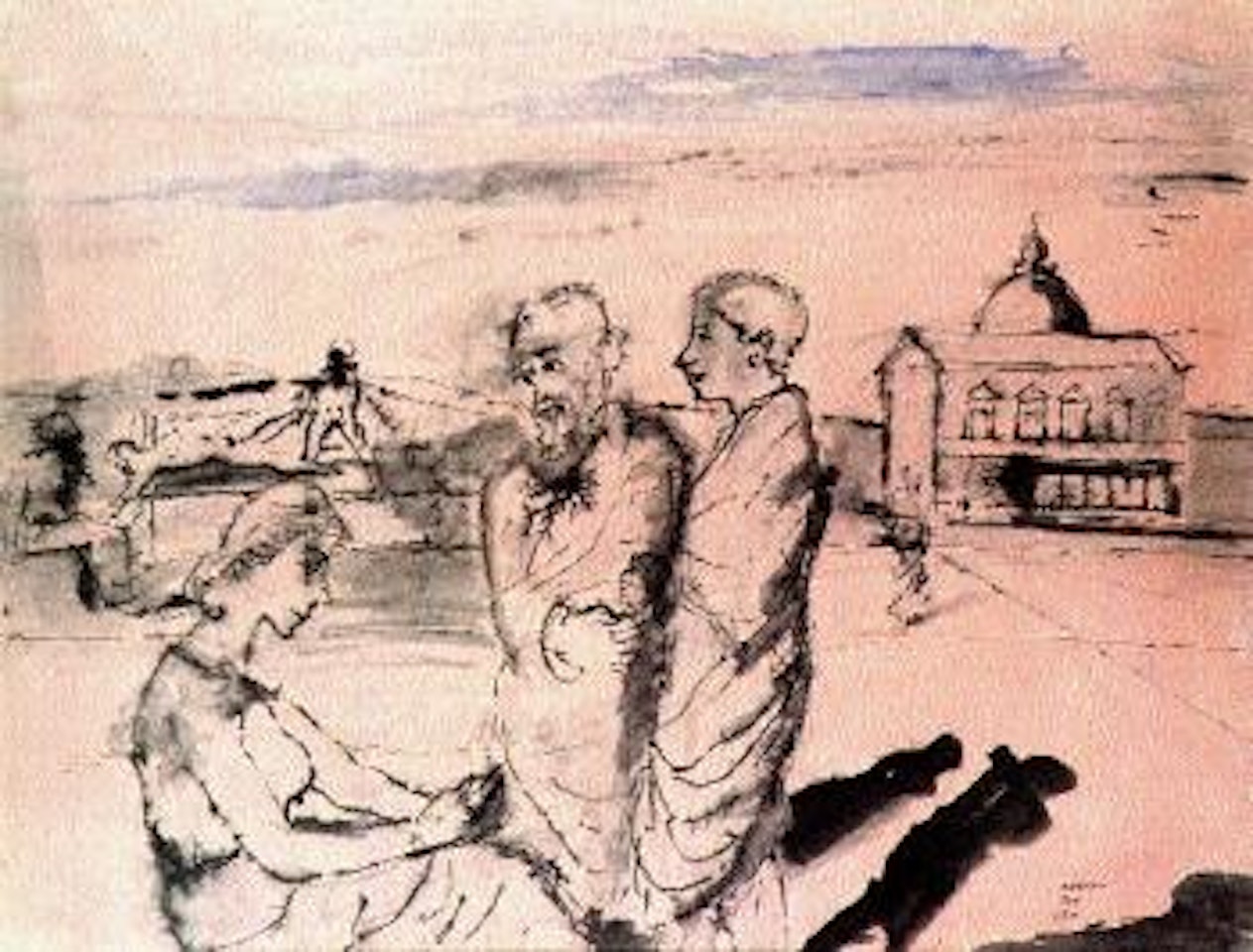 Hommes et femmes dans un paysage by Paul Delvaux