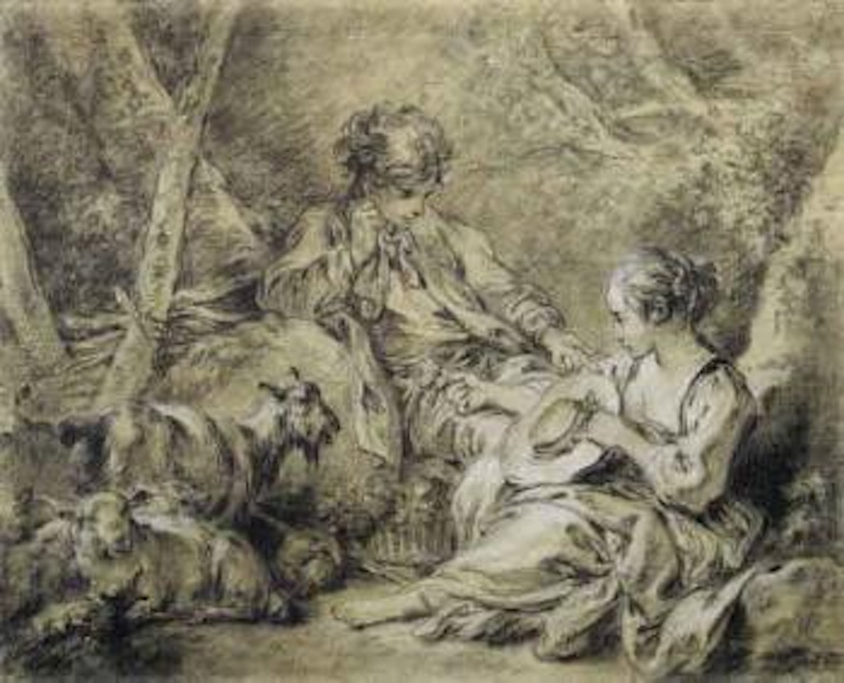 Young shepherdess presenting flower to shepherd by Francois Boucher