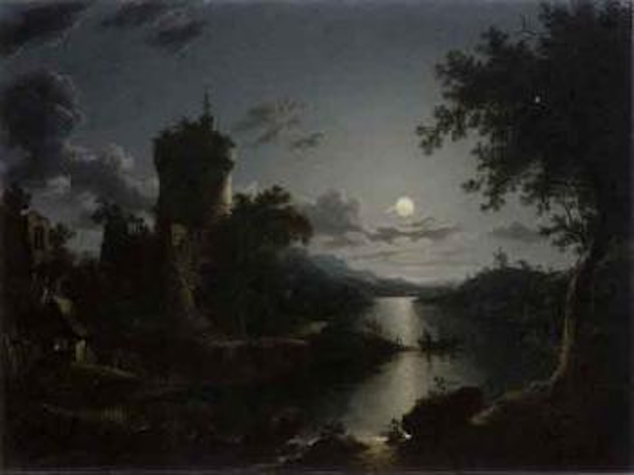 Moonlit castle on riverbank by Henry Pether