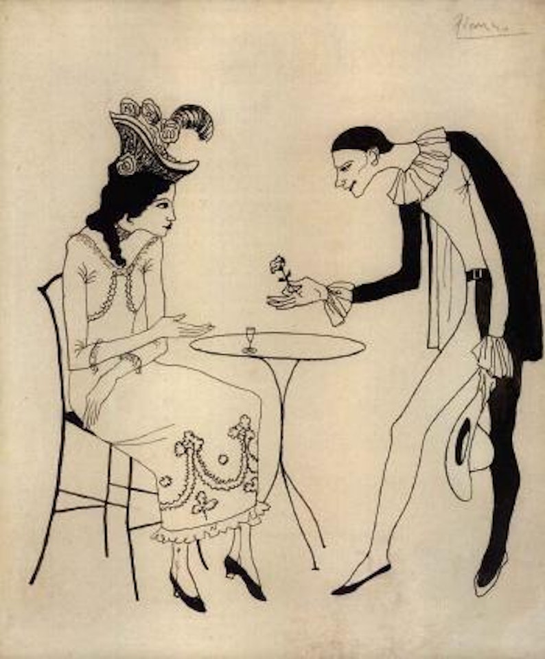 Jeune femme au cafe courtisee par un pierrot by Pablo Picasso