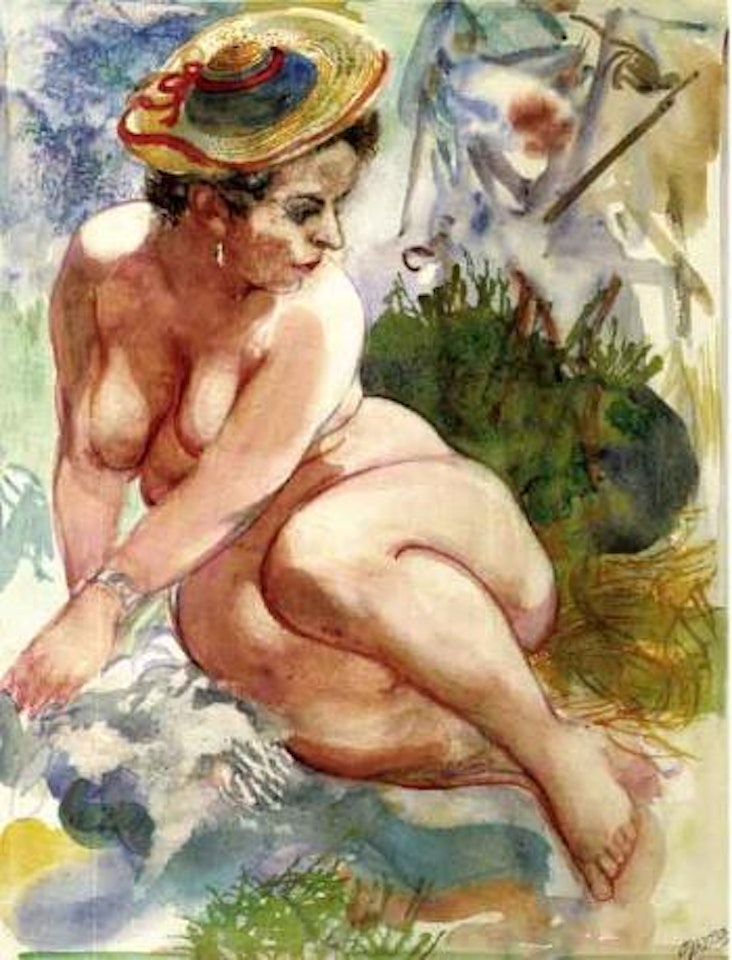 Female nude with hat in the dunes by George Grosz