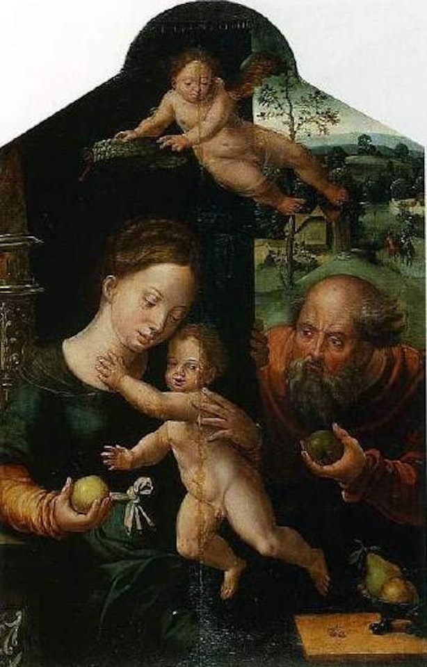 Holy family - Mary and Joseph offering apples to the Christ child by Flemish School