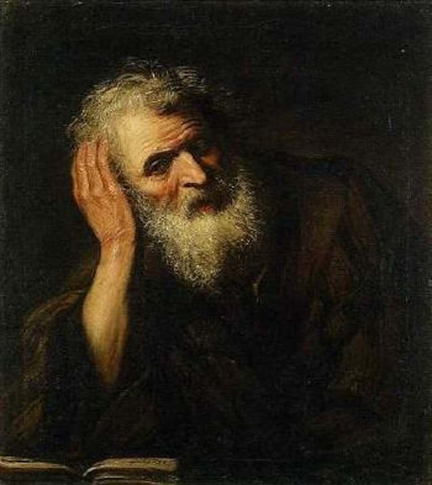 Bearded old man in three-quarter profile sitting in front of a book by Jusepe de Ribera