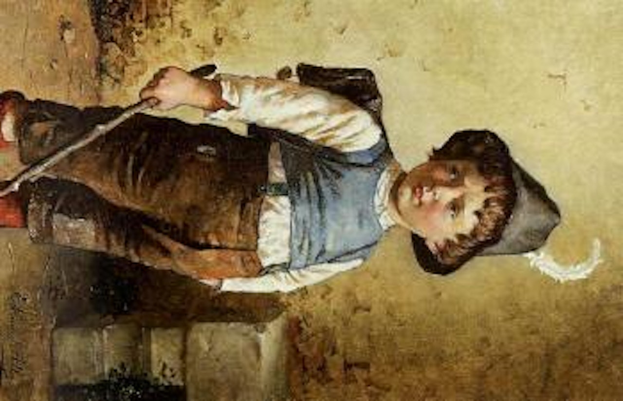 Let them all come - Young school boy with stick waiting for his enemies by Edmund Adler