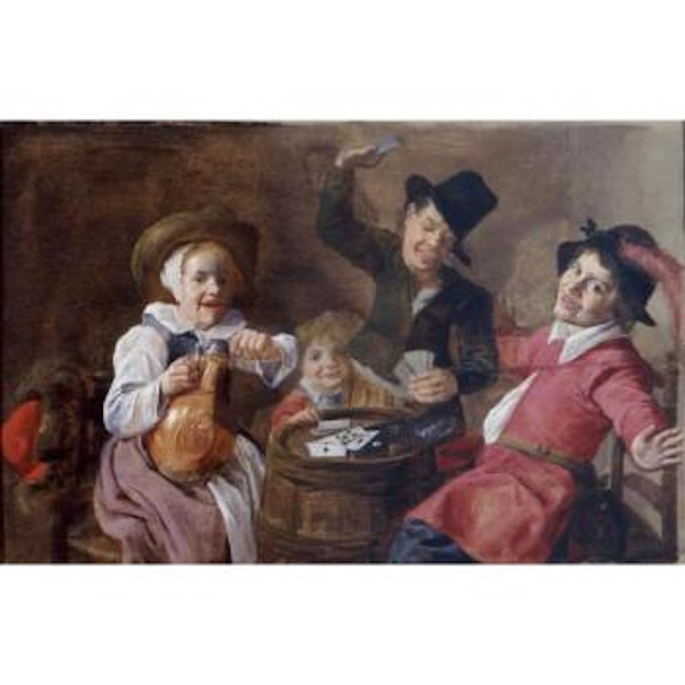 Children playing cards around a barrel by Jan Miense Molenaer