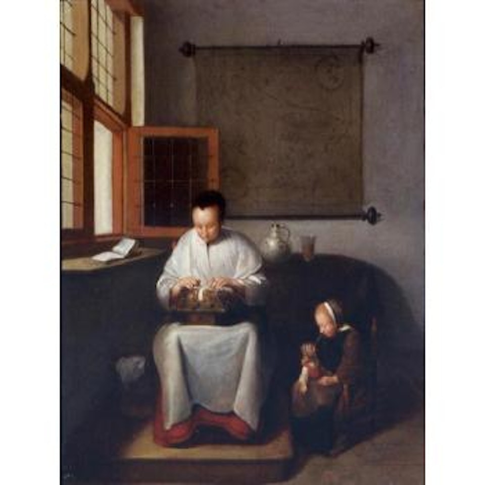 Woman making lace with a small child beside her by Quirijn Gerritsz van Brekelenkam