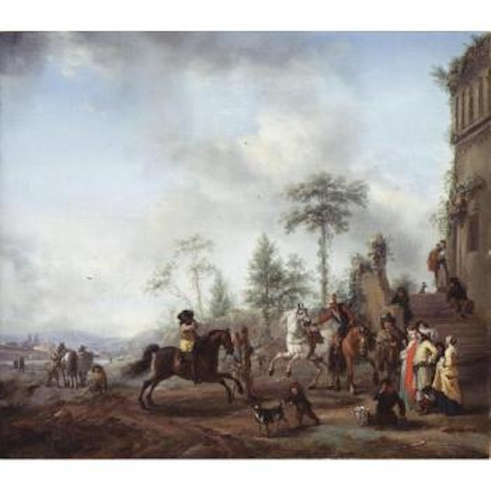 Italianate landscape with a young man in a yellow coat riding a bay , watched by elegant couple by Philips Wouwerman