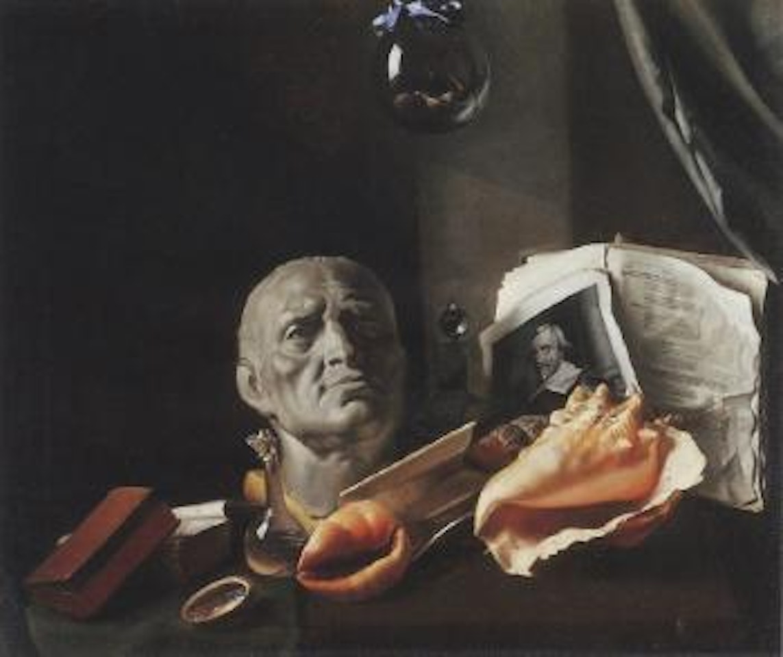 Vanitas still life with a bust, seashells, books and a glass flasks by Dutch School
