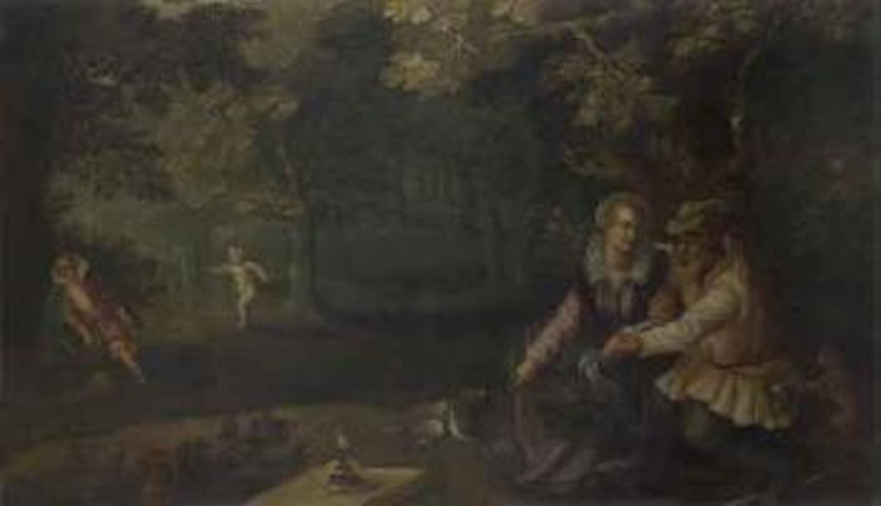 Landscape with figures and vanitas symbols by Flemish School