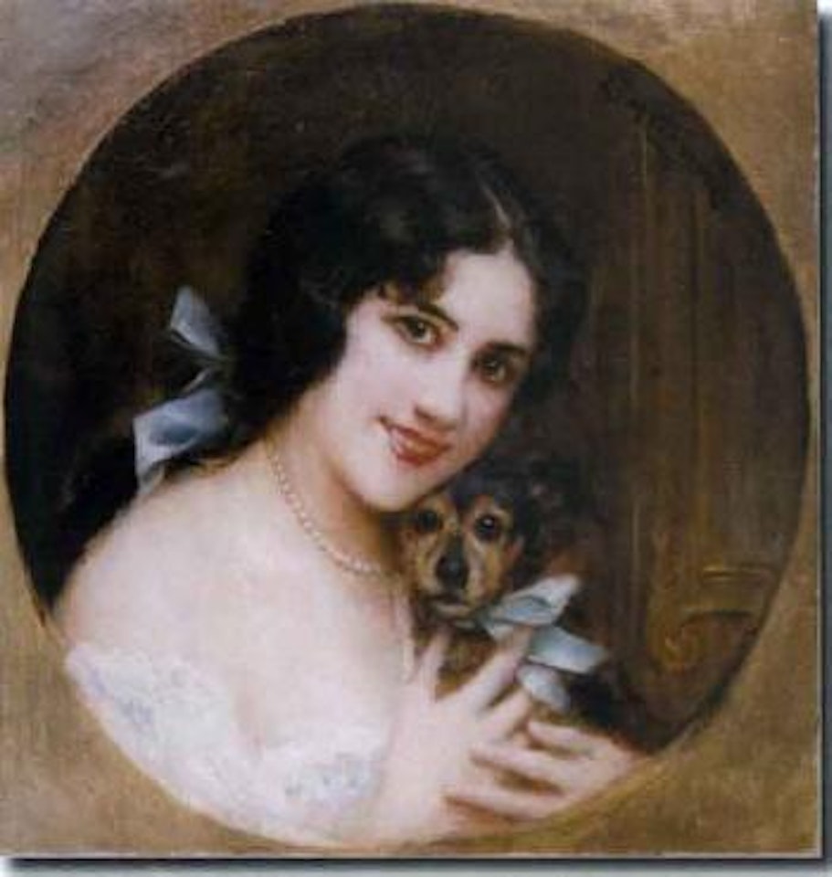 Portrait de femme et chien au noeud bleu by Leon Comerre