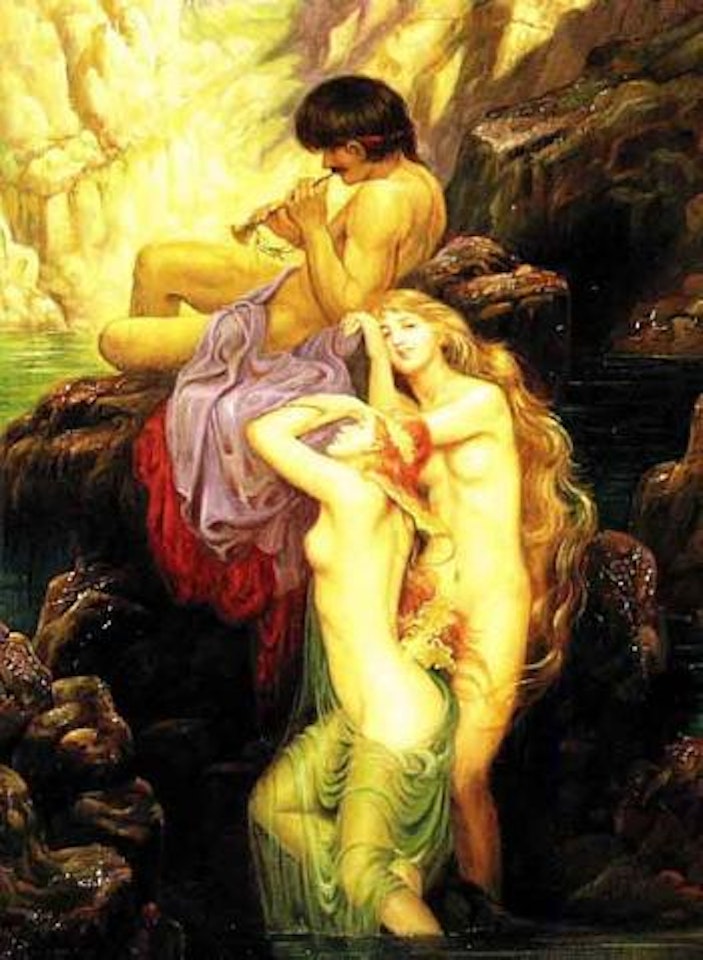 Two water nymphs with young flute player by Hans Zatzka