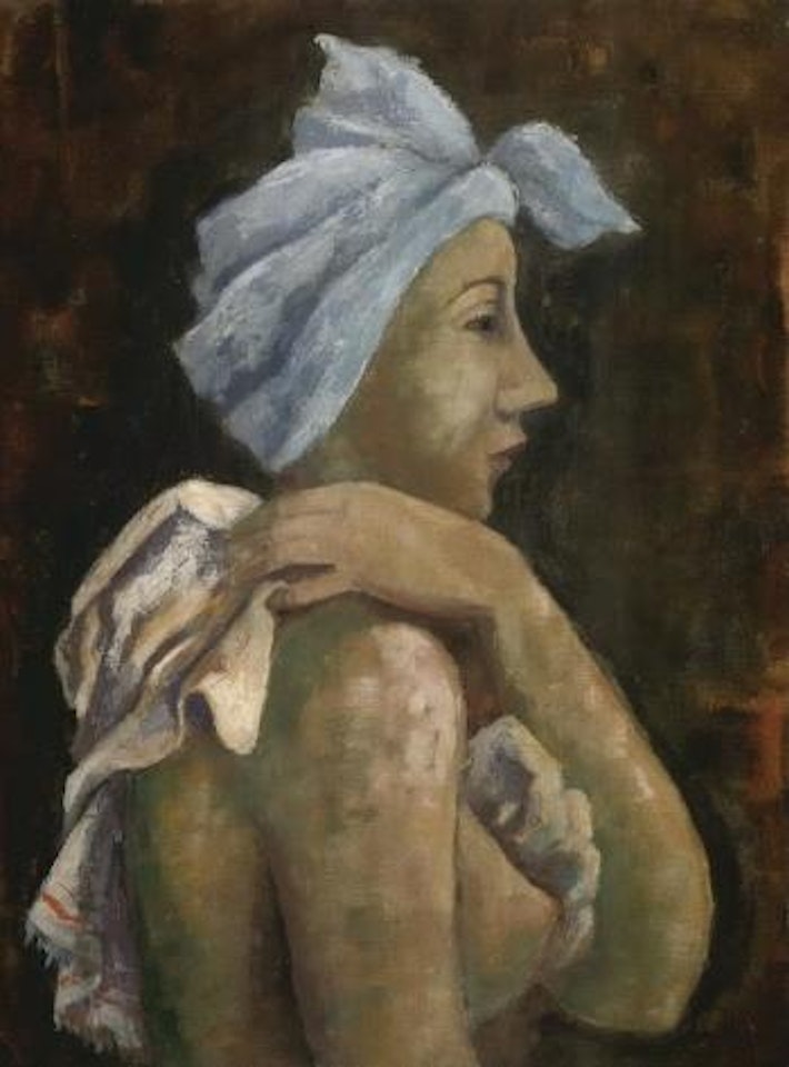 Girl drying herself and wearing turban by Karl Hofer