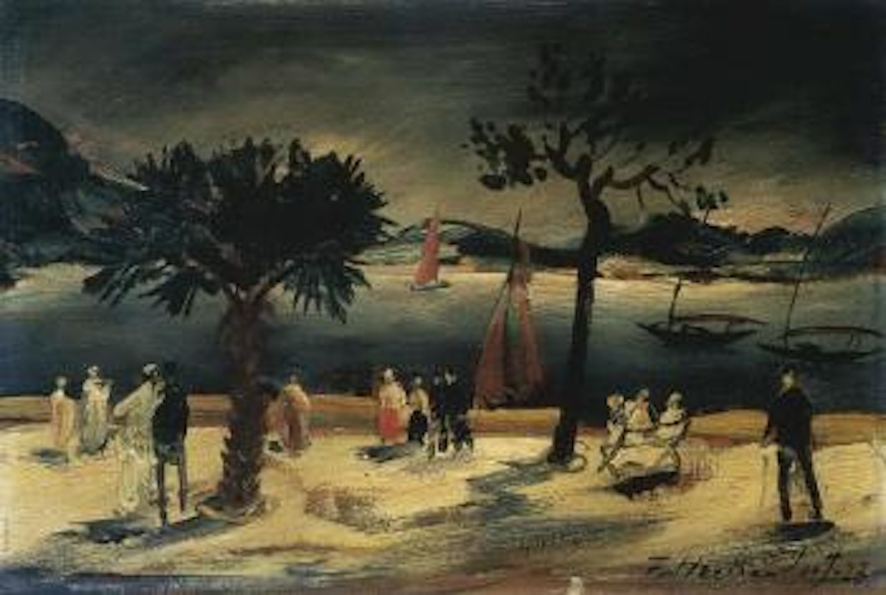 People strolling along shore by Franz Heckendorf