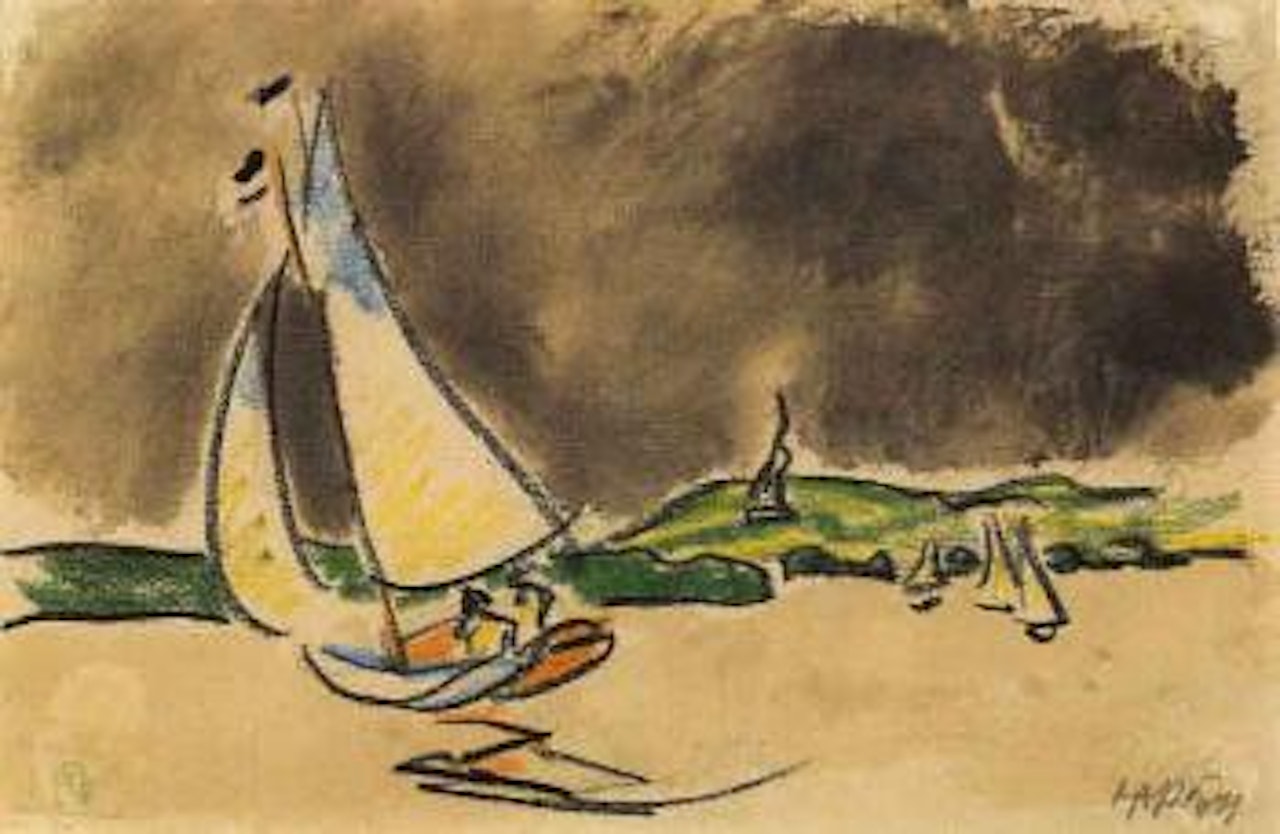 Sailing boat off the coast by Max Pechstein