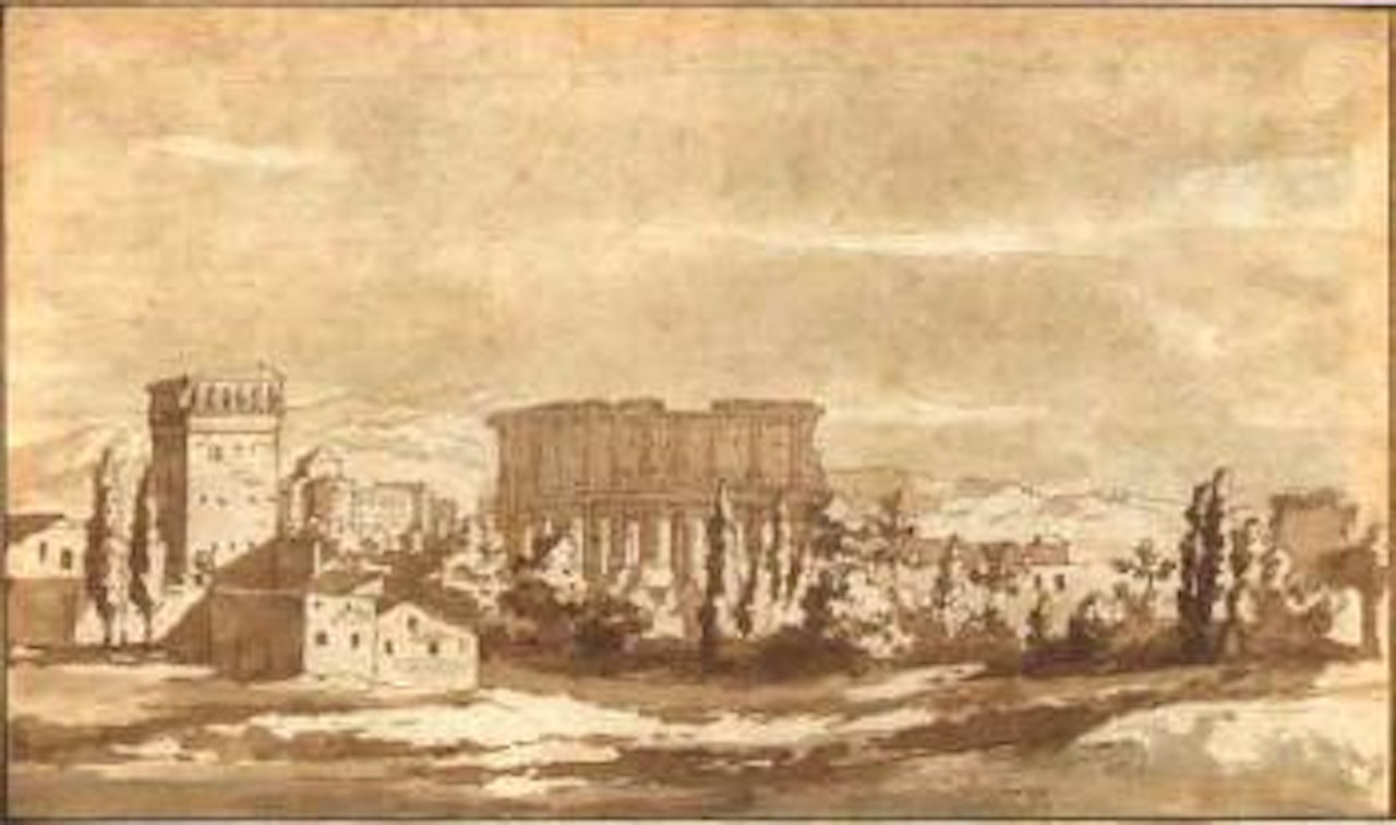 Extensive landscape with Roman ruins by Jan de Bisschop