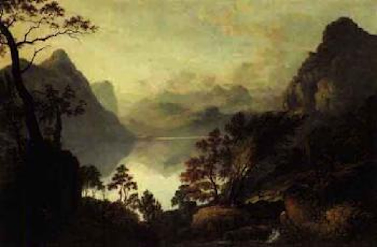 Lake landscaped with herders resting in the foreground by German School