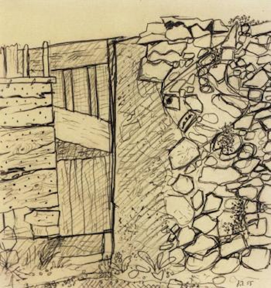 Wall of stones with entrance blocked off by planks by Jean Dubuffet