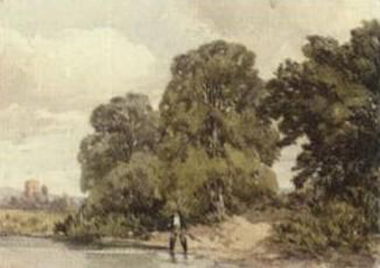 Fisherman on a river with woodland and church in the background by William Callow