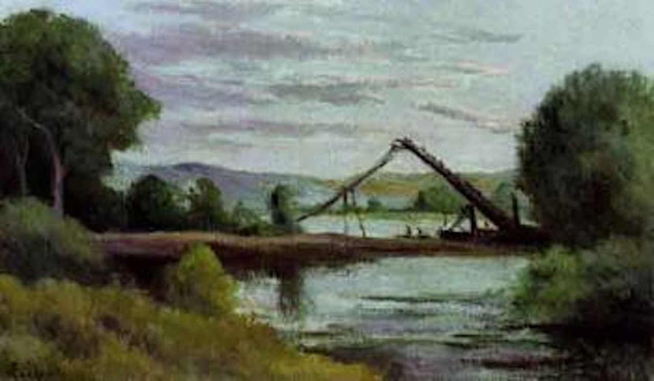 La rouche-guyon, bord de riviere construction du pont by Maximilien Luce