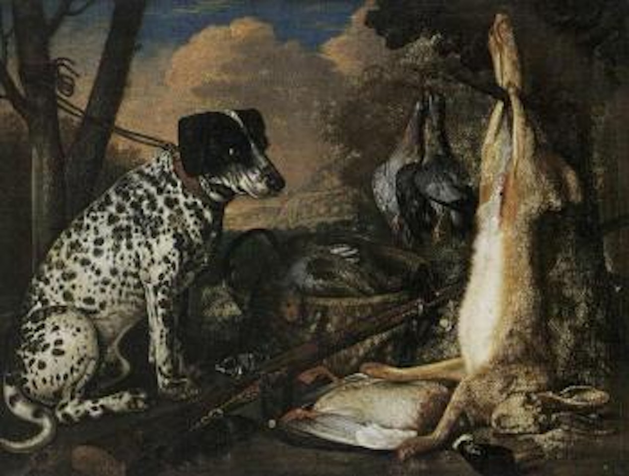 Hunting still life with a dog, hare, ducks and pigeons by German School