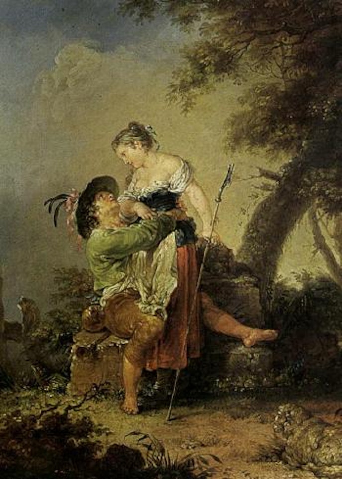 Pastoral scene, boy caught by a girl by Januarius Johann Rasso Zick