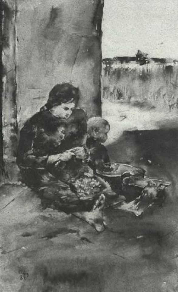 Woman peeling potatoes with child by Lesser Ury