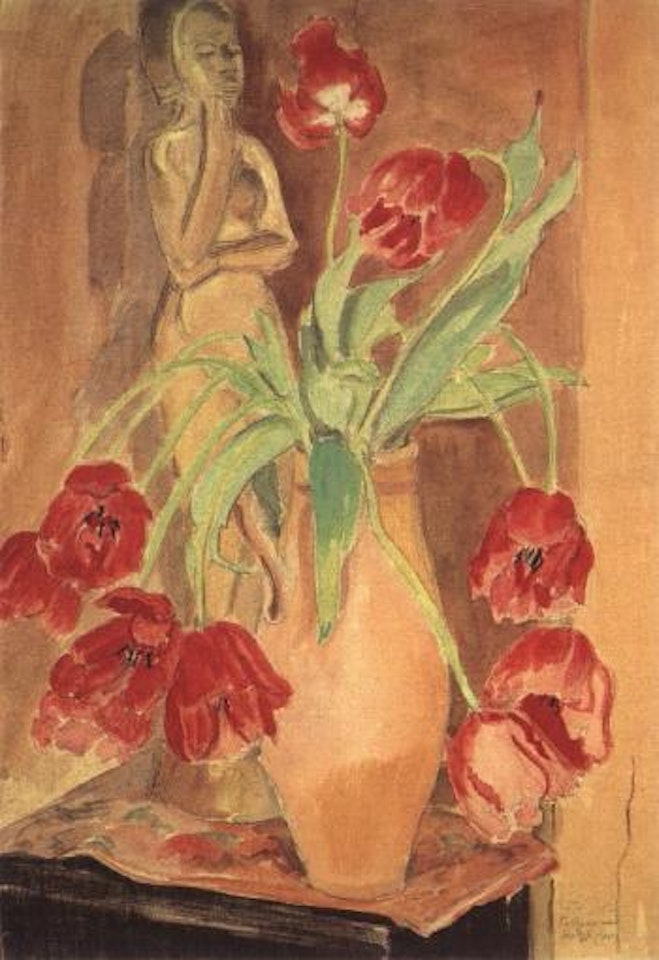 Tulips and wooden figure by Erich Heckel