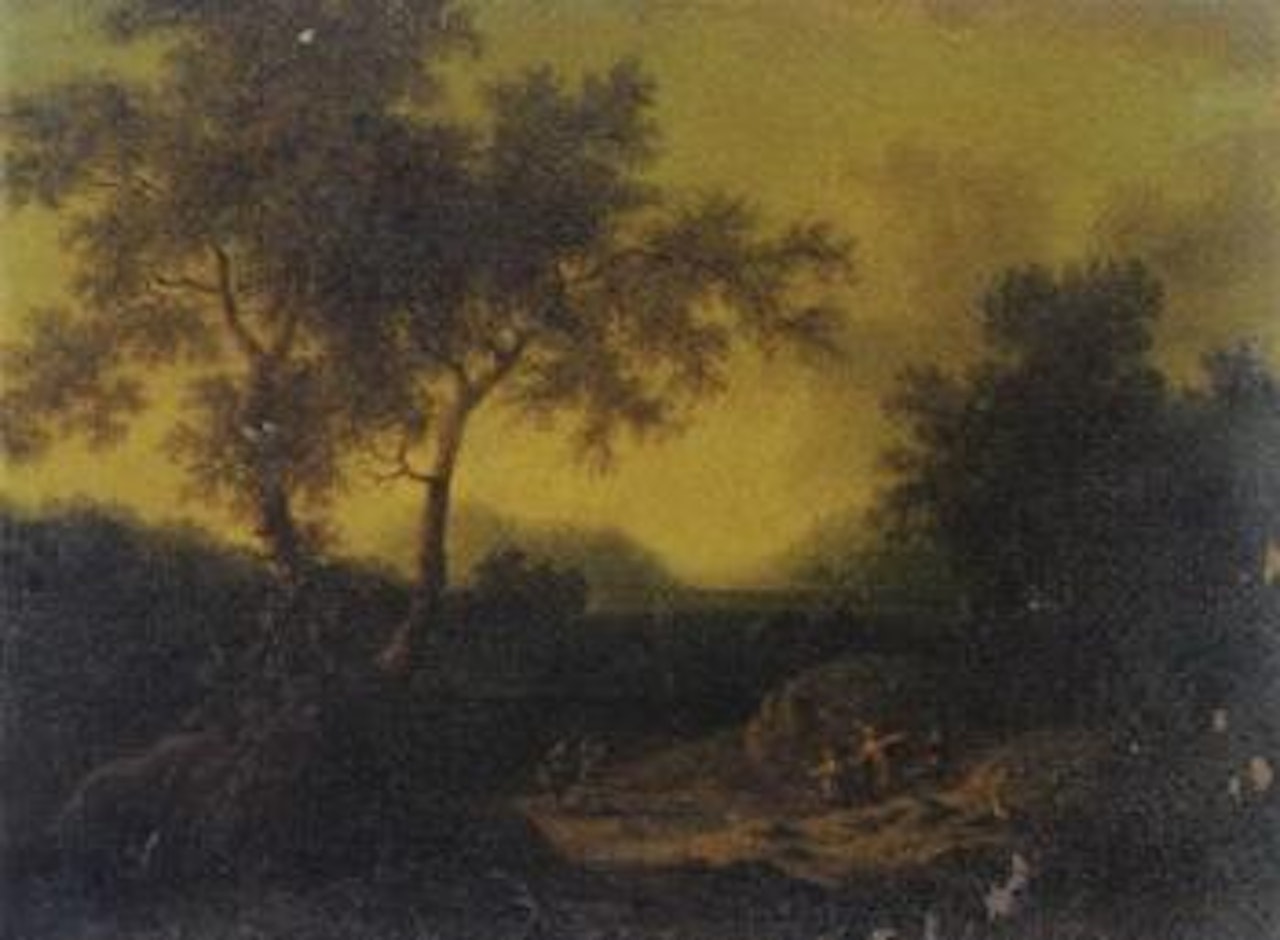 Wooded landscape with shepherds and other figures with a flock of sheep on a track by Adriaen Frans Boudewyns by Pieter Bout