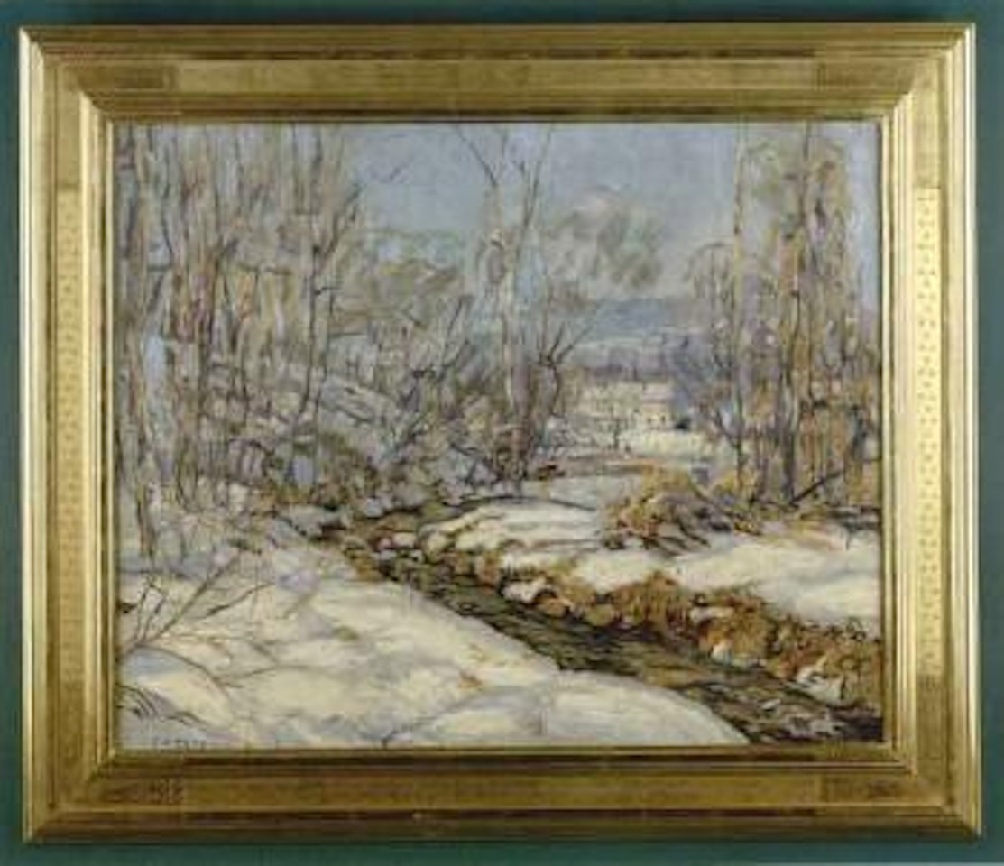 Winter landscape with meandering brook, trees and a house by Edward Willis Redfield